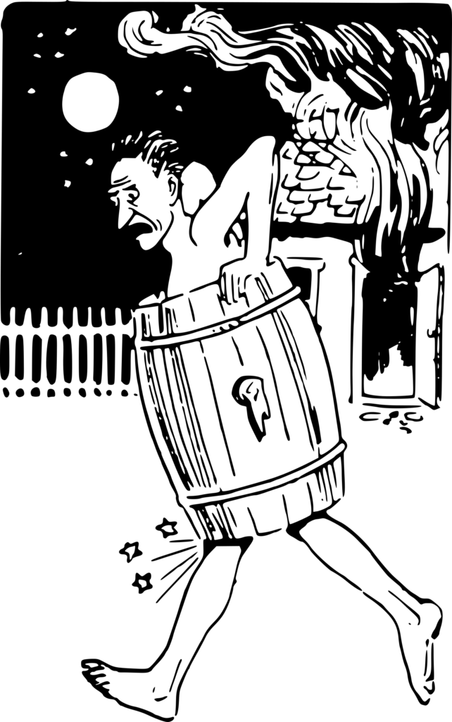 Cartoon of naked man in a barrel